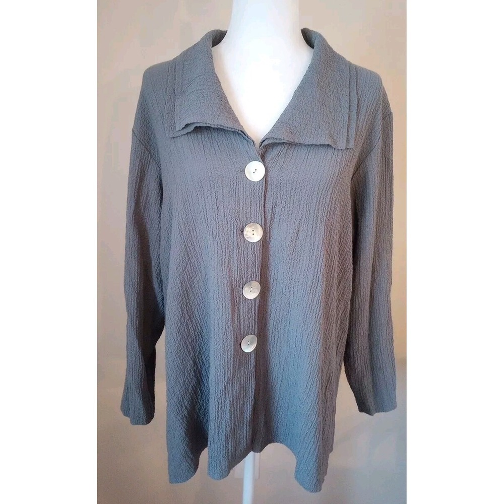 Habitat Mother Of Pearl Button Front Tunic Blouse Double Collar Slate Gray M EUC